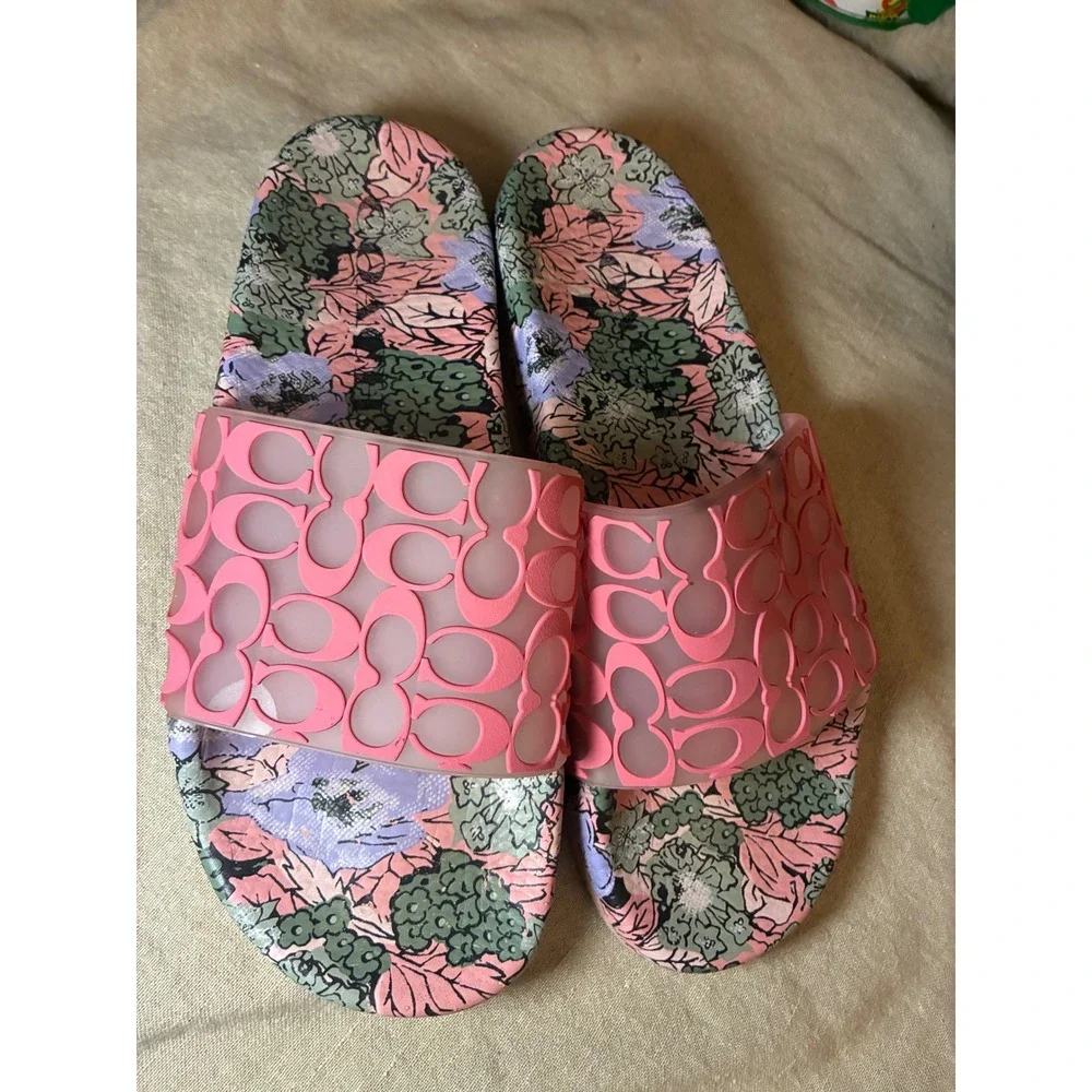 Coach Pink Signature C Floral Print Slide Sandals Womens Size 9